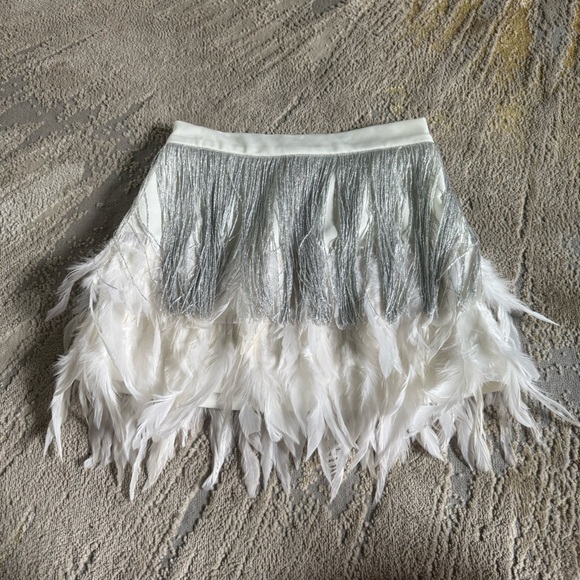 Judith March skirt white silver fringe feather mini elastic waist small - Picture 1 of 10